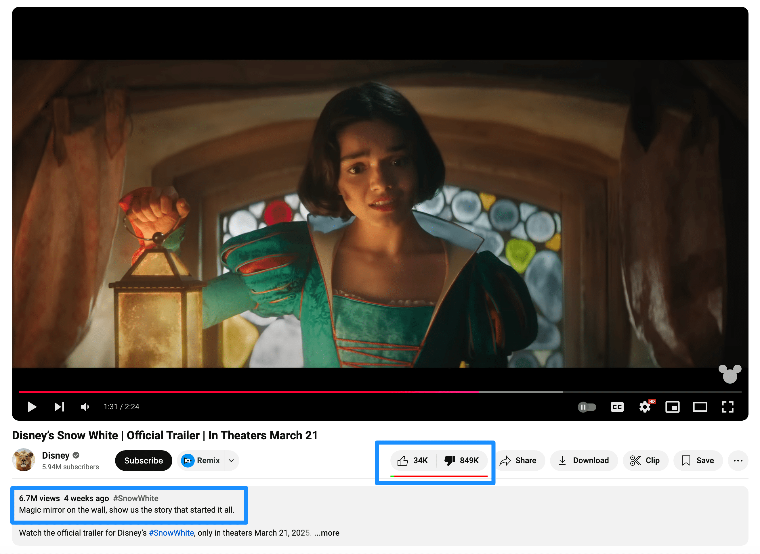 Snow White Trailer 2 Dislike Ratio