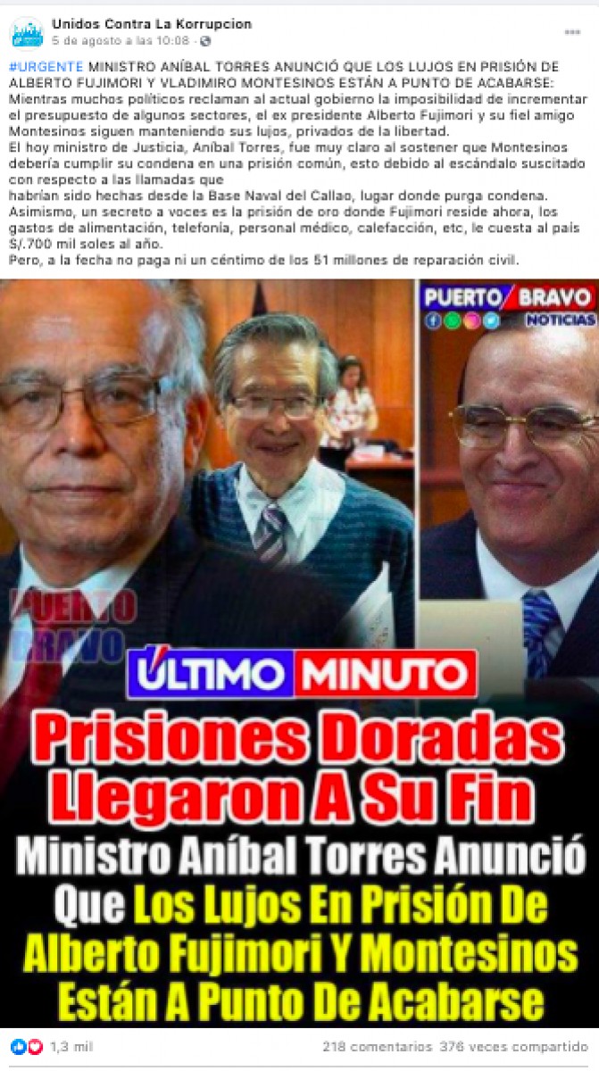 Es falso que Aníbal Torres anunció como ministro cambios para prisiones de  Alberto Fujimori y Vladimiro Montesinos