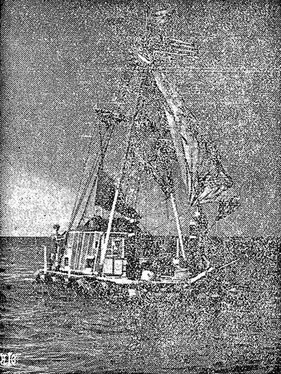 Imagen de 'La Cantuta' en su viaje por aguas del Pacifico Ecuatorial. Después de 20 días, se escuchó un llamado de sus audaces tripulantes. (Foto: Archivo Histórico El Comercio) 