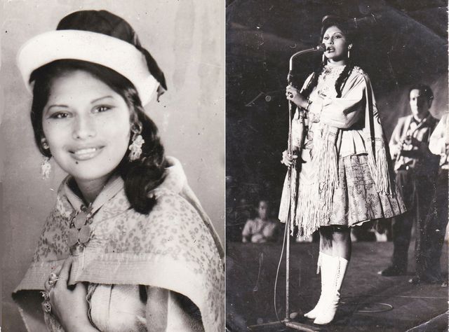 En el esplendor de su belleza, a los 16 años. A la derecha, un año después en concierto de despedida como Flor Collavina. Después  pasaría a usar solo su nombre sobre los escenarios.