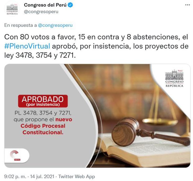 El Congreso aprobó el nuevo Código Procesal Constitucional por insistencia.